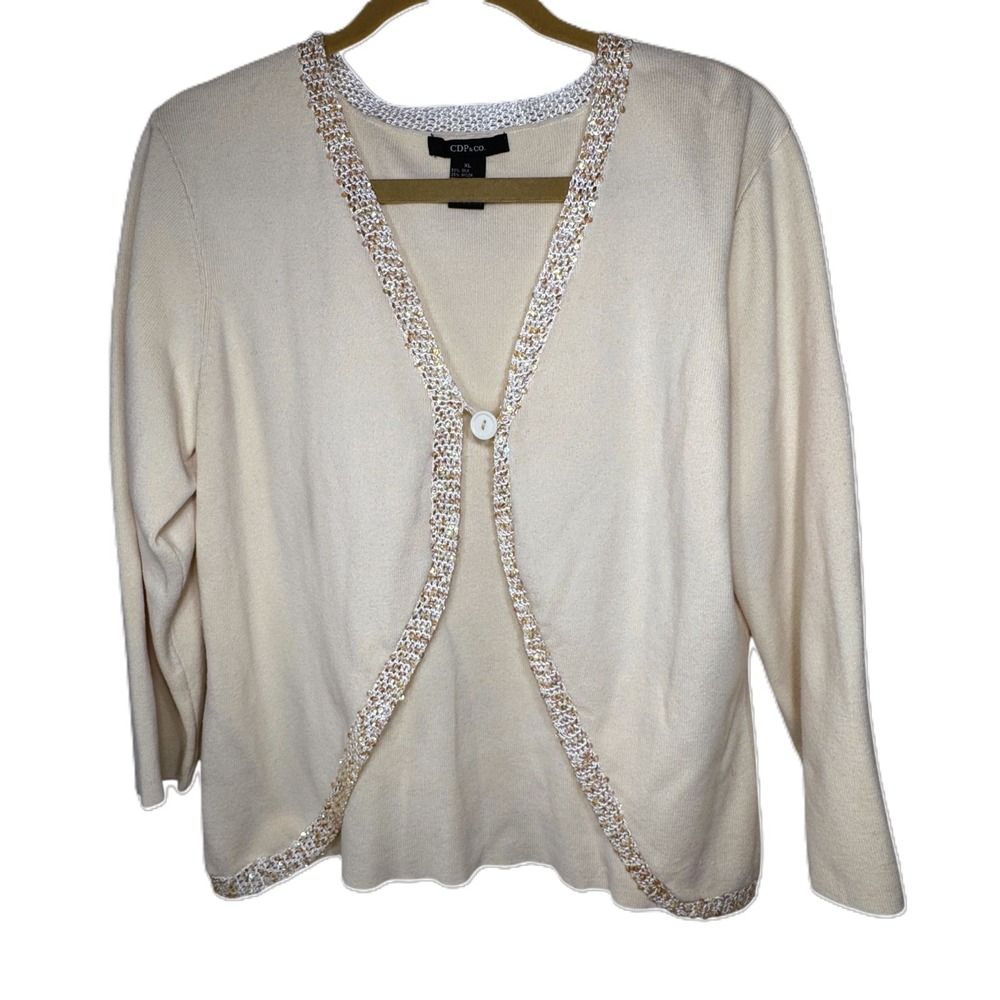 NWT CDP & Co Cream Button Cardigan Womens XL Ivory Silk Blend Sequin Luxury Knit